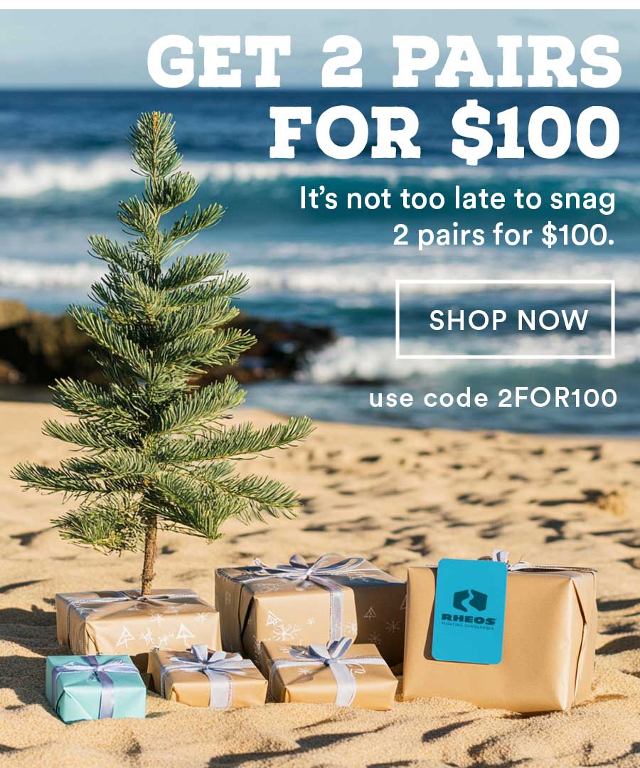 Small tree with presents on a beach and a Rheos gift card